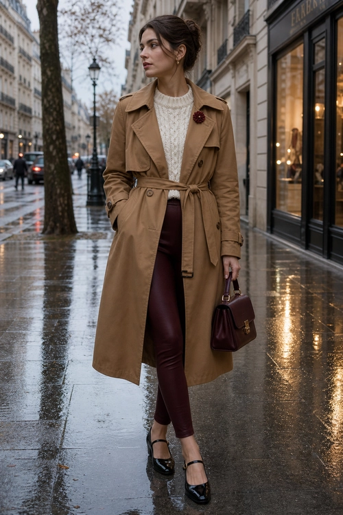 Woman wearing a camel belted trench coat over a cream cable-knit sweater with burgundy trousers, black Mary Jane shoes, and a burgundy handbag.