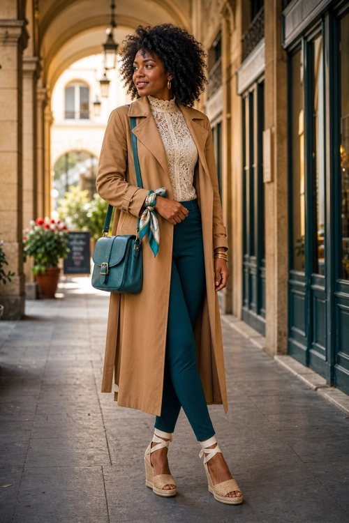 Camel Trench Coat and Teal Trousers A woman wears a camel trench coat over a cream lace blouse with teal trousers, a teal shoulder bag, and beige wedge sandals.