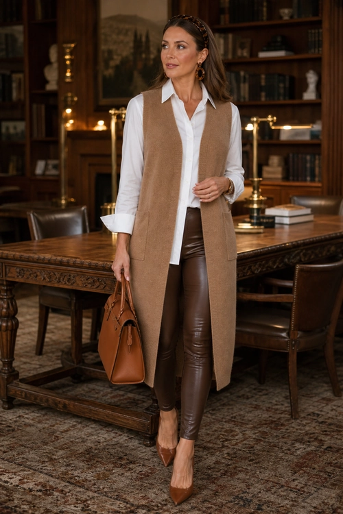 A polished outfit featuring a white button-down shirt, long camel sleeveless vest, brown leather-look trousers, pointed heels, and a structured tan handbag.