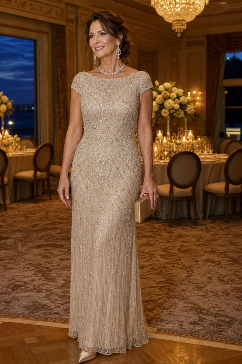 Champagne Beaded Evening Gown Woman wearing a champagne-colored beaded floor-length gown with jewelry, a gold clutch, and pointed heels at an elegant evening event.