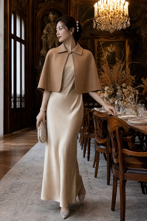 A woman wears a champagne satin dress with a camel capelet, embellished clutch, pointed heels, and pearl hair accessories.
