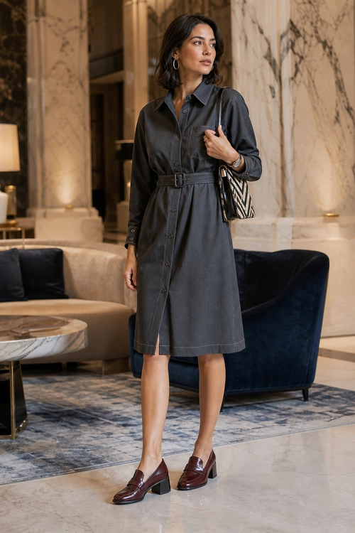 Woman wearing a charcoal belted shirt dress with burgundy block-heel loafers and a black-and-white patterned shoulder bag.