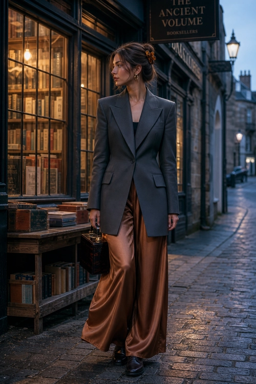 Charcoal Blazer with Satin Trousers A tailored charcoal blazer styled with brown satin wide-leg trousers, black loafers, and a structured black handbag.
