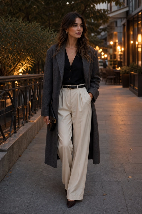 A woman wears a long charcoal gray coat over a black blouse with cream wide-leg trousers, a black belt, and pointed dark shoes.