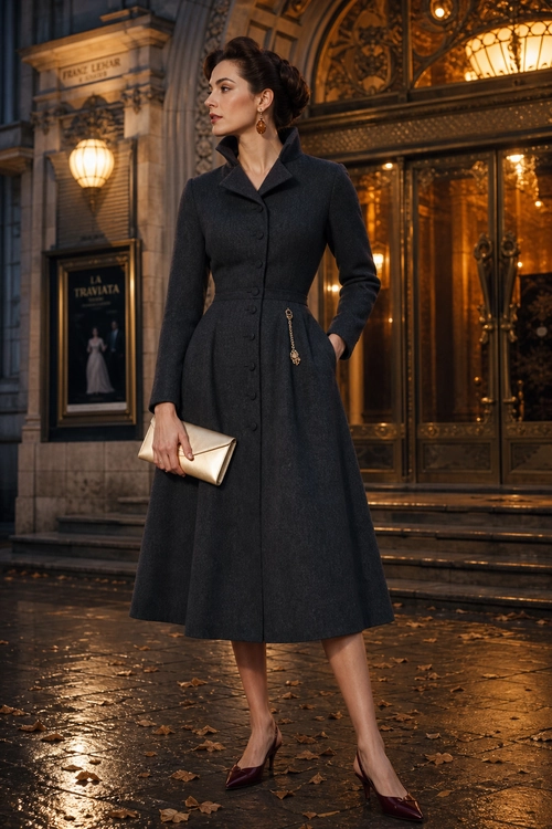 Charcoal Coat Dress Evening Look A woman wears a charcoal tailored midi coat dress with a cream clutch, burgundy pointed heels, and gold drop earrings.