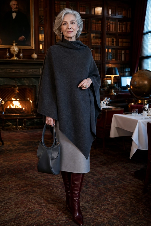 A woman wears a charcoal poncho over a light gray skirt with burgundy knee-high boots and a dark leather handbag.