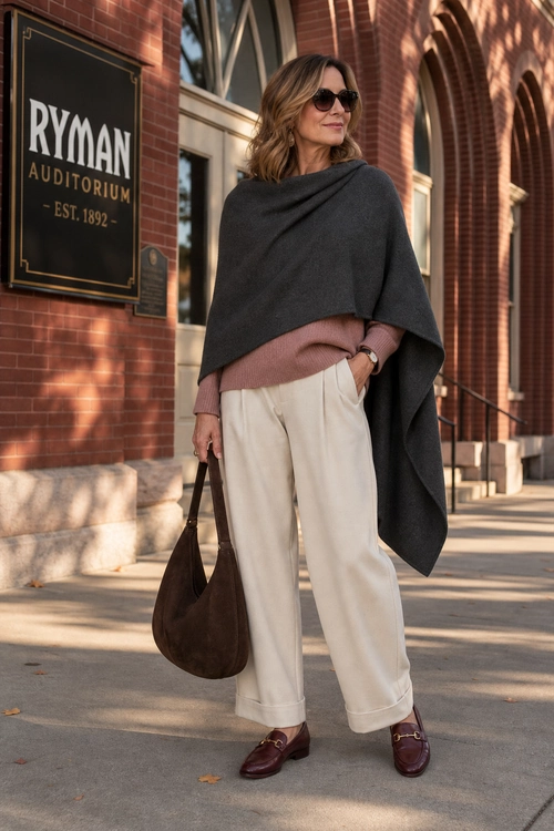 Charcoal Poncho and Cream Trousers A woman wears a charcoal poncho over a dusty rose sweater with cream wide-leg trousers, brown loafers, sunglasses, and a brown shoulder bag.