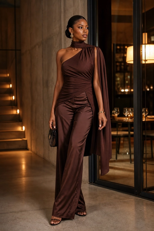 A woman wears a chocolate brown one-shoulder draped top with wide-leg trousers, a flowing shoulder drape, strappy heels, and a small black clutch.