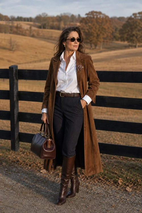 A woman wears a long brown coat over a white button-down shirt, dark pinstripe trousers, tall brown boots, sunglasses, and a structured brown handbag.