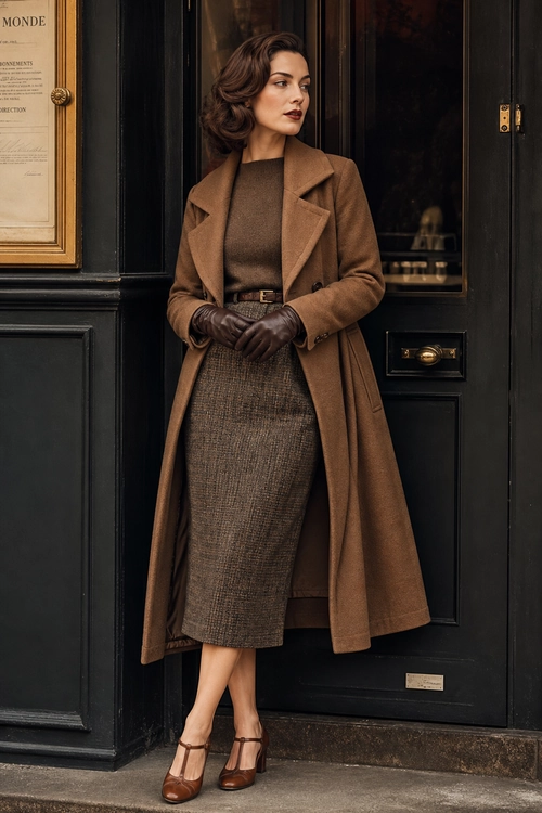 Classic Brown Tailored Look A woman wears a long brown coat over a brown knit sweater and textured midi skirt, finished with gloves, a belt, and brown heeled strap shoes.