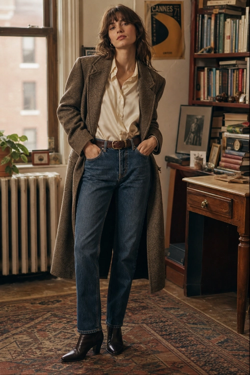 Classic Coat and Jeans Outfit A person wears a long brown coat over a cream button-up blouse, straight-leg blue jeans, a brown belt, and dark ankle boots.