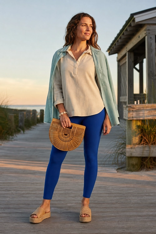 A coastal outfit featuring a cream collared top, light blue draped jacket, cobalt blue leggings, woven clutch, and tan platform sandals.