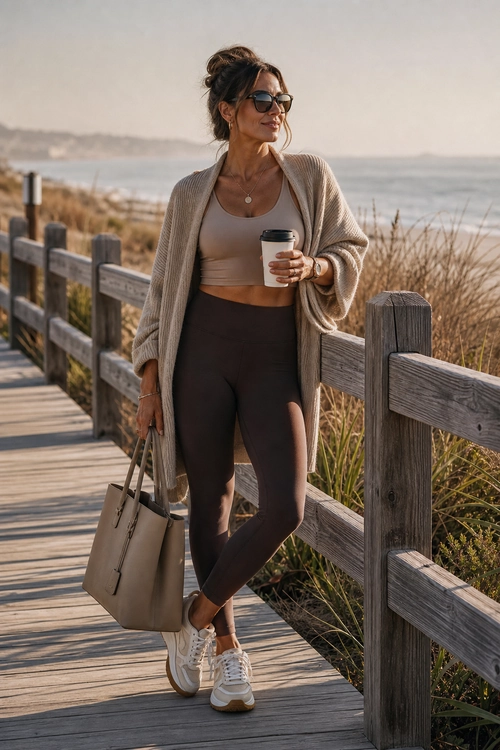 Coastal Casual Athleisure Look A woman wears a taupe cardigan, cropped top, dark leggings, and white sneakers while carrying a beige tote and coffee cup on a boardwalk.