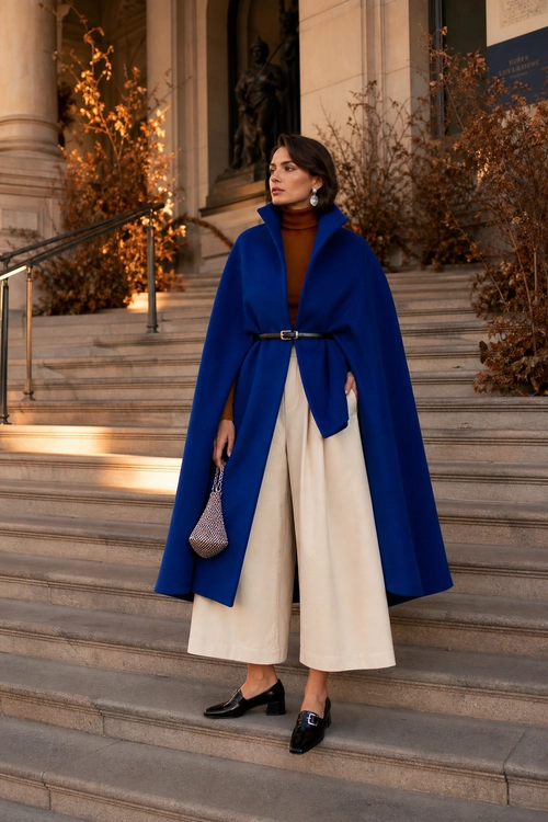 Cobalt Blue Cape Coat Outfit A woman wears a cobalt blue belted cape coat over a brown turtleneck and cream wide-leg cropped trousers with black loafers.