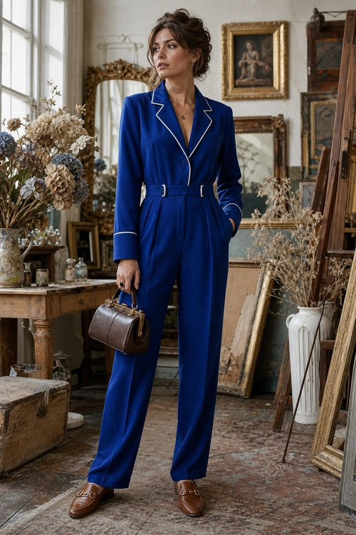 Cobalt Blue Tailored Jumpsuit A woman wears a cobalt blue tailored jumpsuit with white piping, brown loafers, and a structured brown handbag.