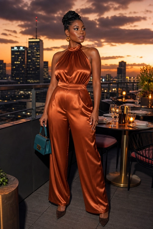 Copper Satin Halter Jumpsuit A woman wears a copper satin halter-neck jumpsuit with wide legs, pointed heels, hoop earrings, and a teal handbag.