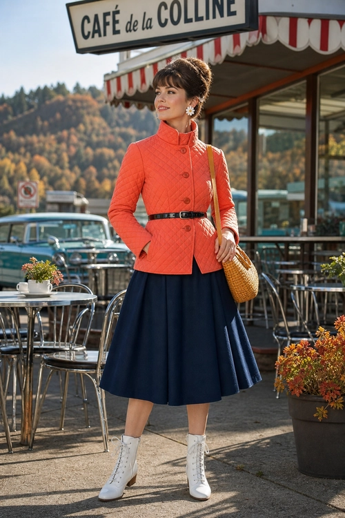 Coral Jacket and Navy Skirt Outfit A woman wears a coral quilted jacket with a navy midi skirt, white ankle boots, and a woven tan shoulder bag outside a cafe.