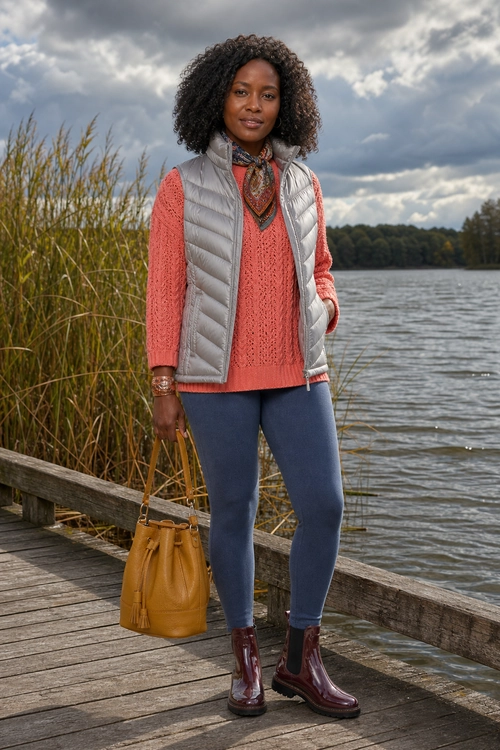 A woman wears a coral knit sweater, light gray quilted vest, blue jeans, burgundy ankle boots, patterned scarf, and mustard handbag beside a lake.