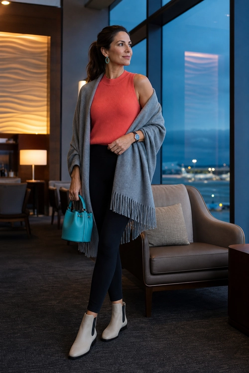 A woman wears a coral sleeveless top, black fitted pants, a gray fringed shawl, light gray ankle boots, and carries a turquoise handbag.
