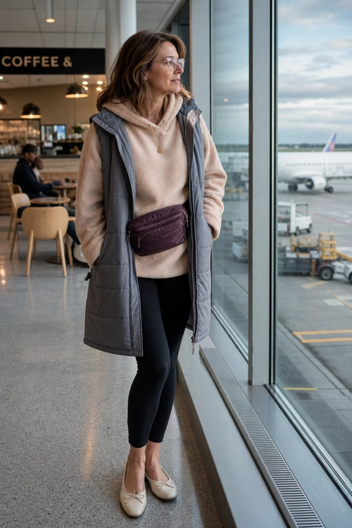 A layered travel outfit with a beige hoodie, gray quilted vest, black leggings, burgundy belt bag, and beige flats.