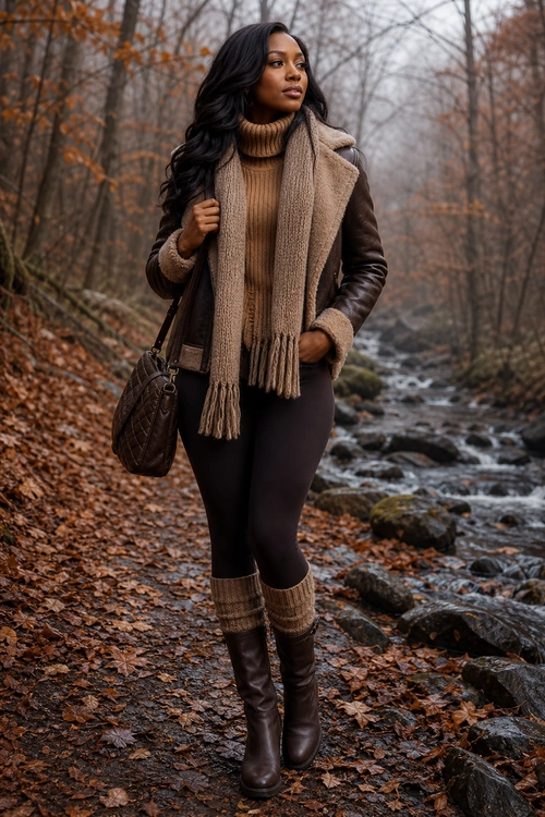 Woman wearing a brown leather jacket, tan turtleneck sweater, taupe scarf, black leggings, leg warmers, and brown knee-high boots on a wooded trail.