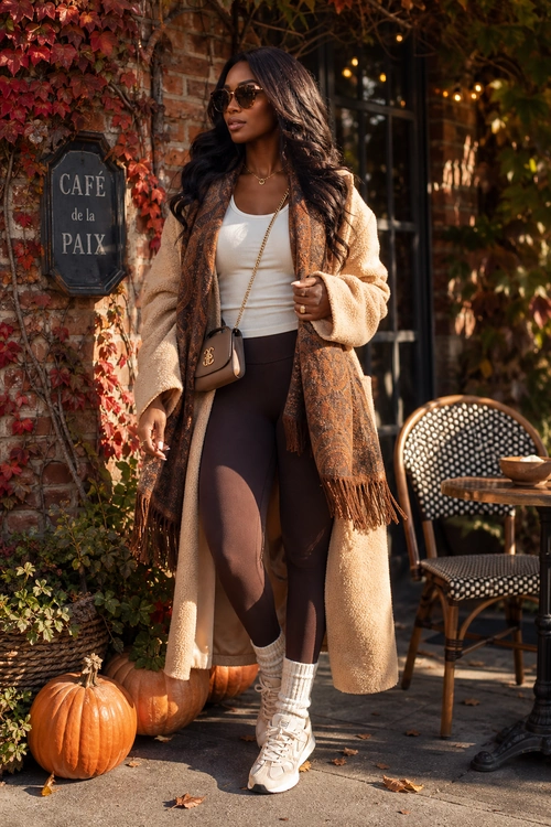 A woman wears a long beige coat, white cropped top, dark brown leggings, fringed scarf, white sneakers, and a crossbody bag outside a café.