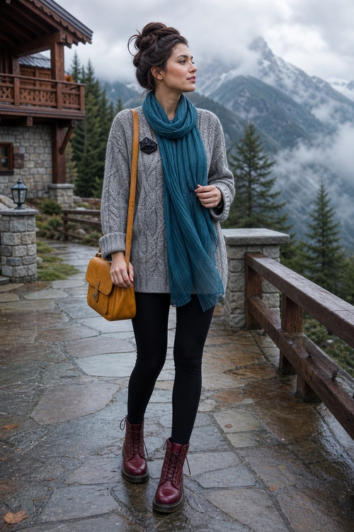 A gray cable-knit sweater, teal scarf, black leggings, burgundy lace-up boots, and mustard crossbody bag styled for a mountain walk.