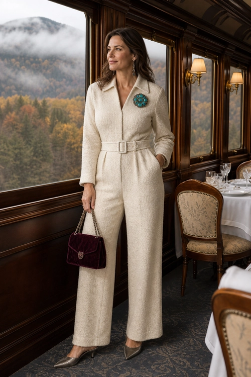 Cream Belted Jumpsuit with Turquoise Brooch A woman wears a cream belted wide-leg jumpsuit with a turquoise brooch, burgundy chain-handle handbag, and pointed heels.