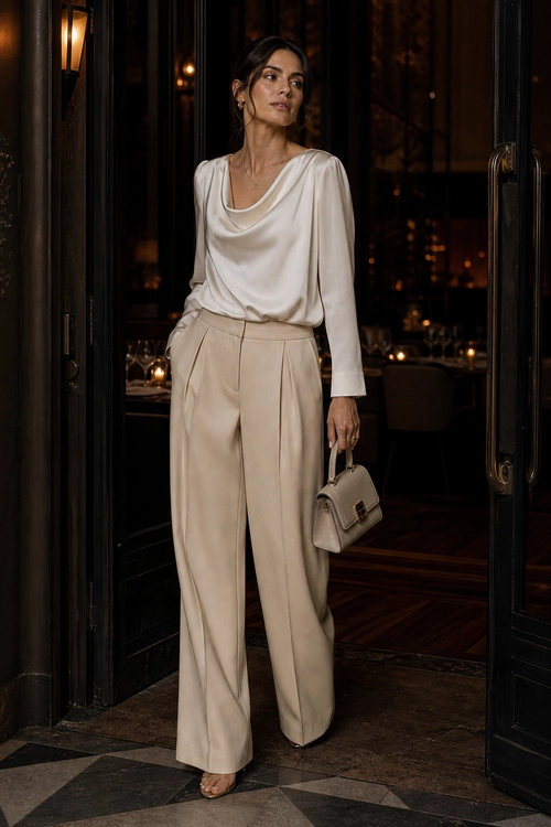 Woman wearing a cream cowl-neck blouse with wide-leg trousers, nude sandals, and a taupe handbag.