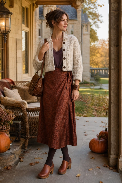 A woman wears a cream cable-knit cardigan over a mauve camisole with a brown patterned midi skirt, dark tights, brown heeled shoes, and a leather shoulder bag.