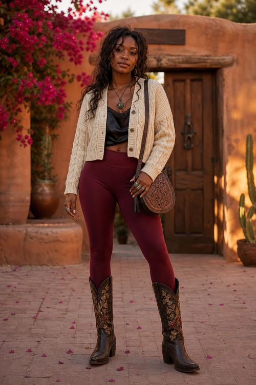 Cream Cardigan and Burgundy Western Outfit A woman wears a cream cable-knit cardigan over a black camisole with burgundy leggings, embroidered brown cowboy boots, and a crossbody bag.