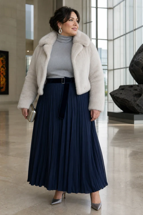 Cream Fur Jacket and Navy Pleated Skirt A woman wears a cream cropped faux fur jacket over a gray turtleneck with a navy pleated skirt, black belt, silver heels, metallic clutch, and drop earrings.