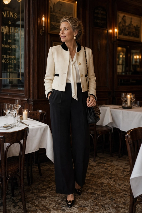 Cream Jacket and Black Trousers A woman wears a cream cropped jacket over an ivory tie-neck blouse with black wide-leg trousers, black shoes, and a chain-strap shoulder bag in a restaurant.