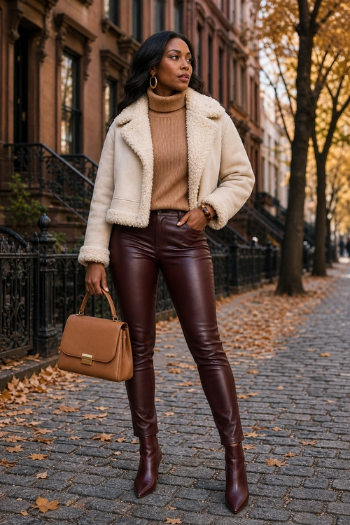 A woman wears a cream shearling-trimmed jacket over a tan turtleneck with burgundy leather trousers, pointed ankle boots, and a brown handbag.
