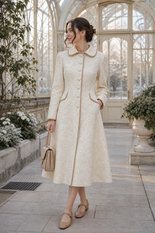 Cream Jacquard Coat Outfit Woman wearing a cream jacquard midi coat with a rounded collar, beige strap shoes, and a small woven handbag in a glass conservatory.