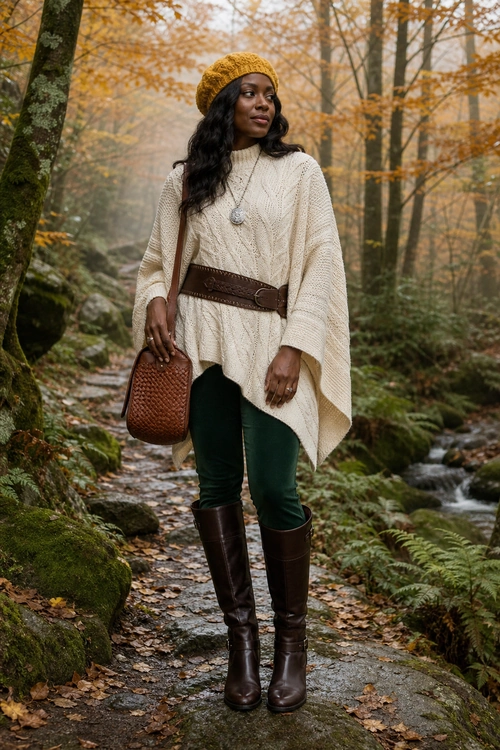 A cream cable-knit poncho outfit styled with a mustard beanie, brown belt, dark green pants, tall brown boots, and a woven shoulder bag.