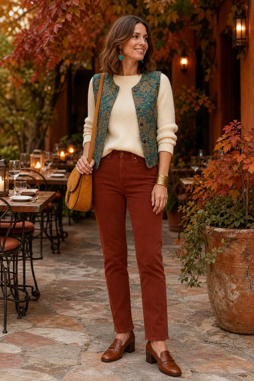 A cream ribbed sweater layered with a teal patterned vest and rust trousers, styled with brown loafers and a tan shoulder bag.