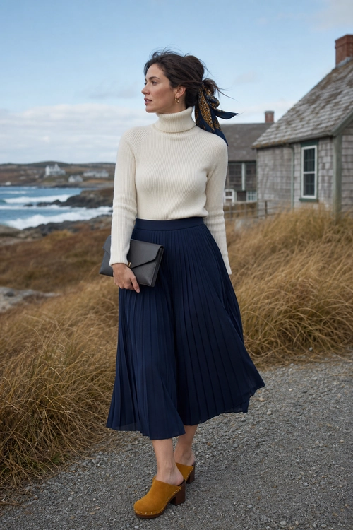 Cream Turtleneck and Navy Pleated Skirt A cream ribbed turtleneck sweater styled with a navy pleated midi skirt, mustard clogs, a black clutch, and a patterned hair scarf.