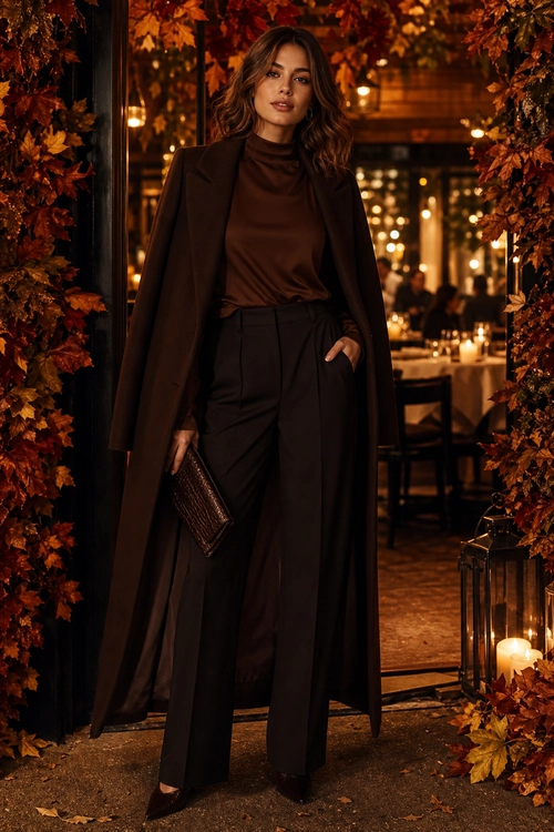 Elegant Dark Brown Evening Outfit A woman wears a long dark coat over a brown high-neck top and wide-leg trousers, carrying a textured clutch.