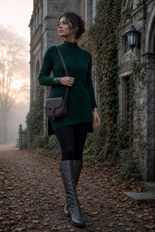 Dark Green Sweater and Tall Boots Outfit A dark green ribbed tunic sweater styled with black leggings, tall dark boots, and a brown crossbody bag.
