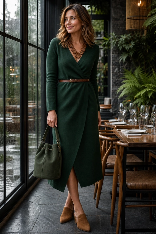 A woman wears a dark green long-sleeve wrap dress with a brown belt, statement necklace, olive handbag, and brown heeled mules.