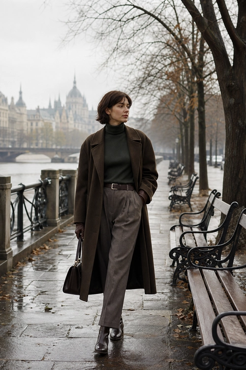 Dark Turtleneck and Long Coat Look Person wearing a dark brown long coat, black turtleneck, pleated trousers, ankle boots, and carrying a dark handbag on a wet riverside walkway.