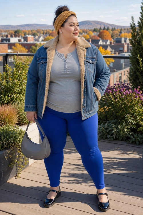 Casual outfit featuring a sherpa-lined denim jacket, gray top, bright blue leggings, mustard knit headband, gray shoulder bag, and black Mary Jane shoes.
