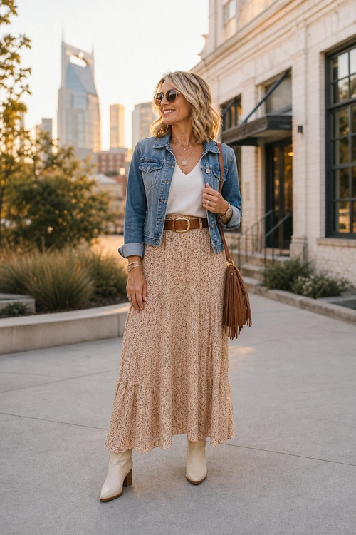 Denim Jacket and Floral Midi Skirt A woman wears a cropped denim jacket over a white V-neck top with a beige floral midi skirt, tan belt, cream ankle boots, sunglasses, and a brown fringed shoulder bag.