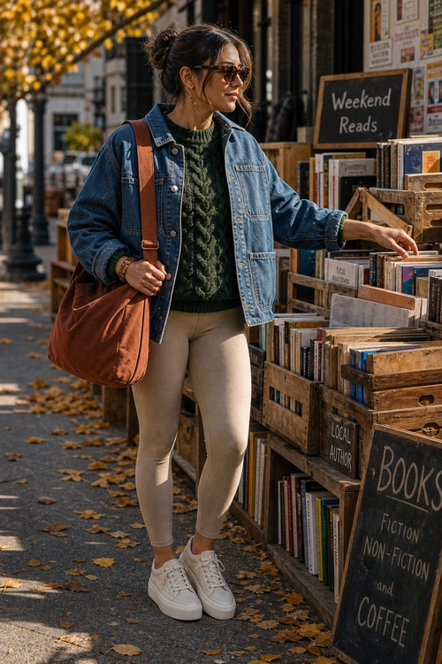 Woman wearing a denim jacket, dark green cable-knit sweater, beige leggings, white sneakers, sunglasses, and a brown tote bag beside an outdoor bookstall.