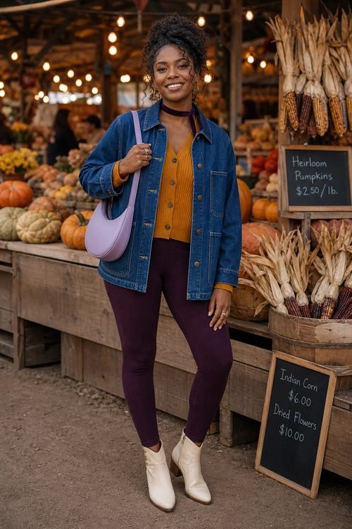 A person wears a denim jacket over a mustard button-front knit top with burgundy leggings, cream ankle boots, and a lavender shoulder bag.
