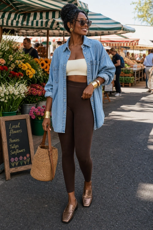 Denim Shirt and Brown Leggings Outfit A woman wears an oversized light blue denim shirt over a cream bandeau top with dark brown leggings, brown loafers, sunglasses, and a woven tote bag.