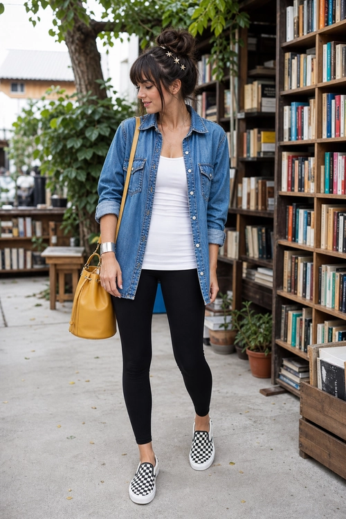 Casual outfit featuring an open blue denim shirt, white tank top, black leggings, mustard yellow bag, and checkerboard slip-on sneakers.