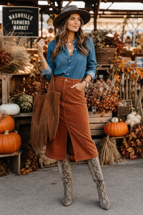 A woman wears a blue denim button-up shirt with a rust corduroy midi skirt, wide-brim hat, fringed bag, and snakeskin knee-high boots.