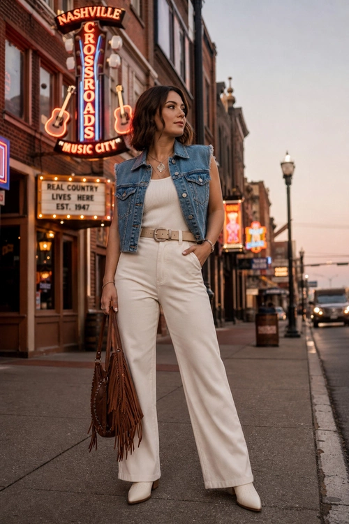 Woman wearing a cropped denim vest over a cream top with wide-leg white trousers, a beige belt, pointed boots, and a brown fringe bag on a city sidewalk.